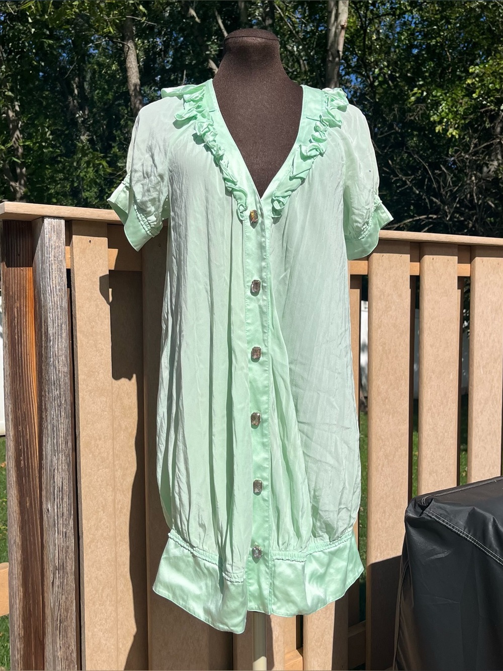 Meghan Los Angeles Y2K Silk Green Ruffled Embellished Mini Dress Size 8 *Flaw*